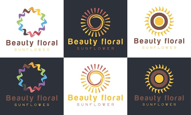 日の出のロゴと日没のロゴ、太陽の花のロゴ デザイン プレミアム ベクトル テンプレートのセット