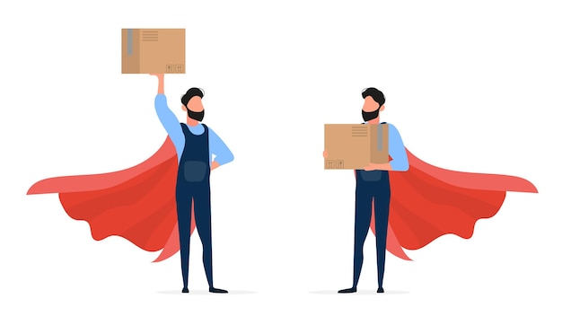 Set of superhero loaders. a loader in overalls holds a box. the guy with the box in his hands. isolated on a white background. .