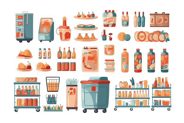 Vector set of supermarket interior furniture equipment isolated on background cartoon vector illustration