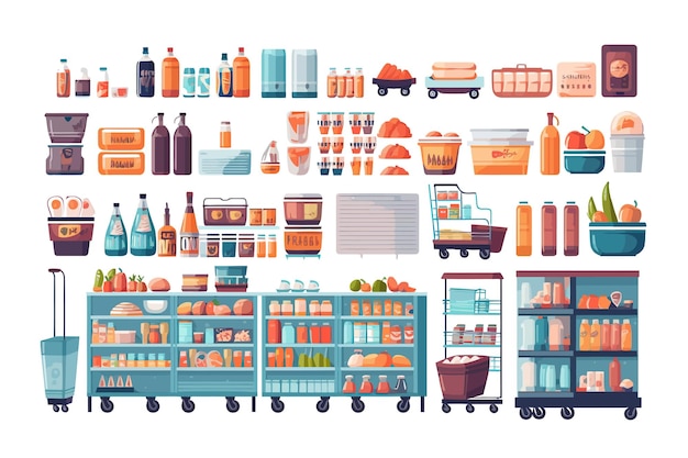 Vector set of supermarket interior furniture equipment isolated on background cartoon vector illustration