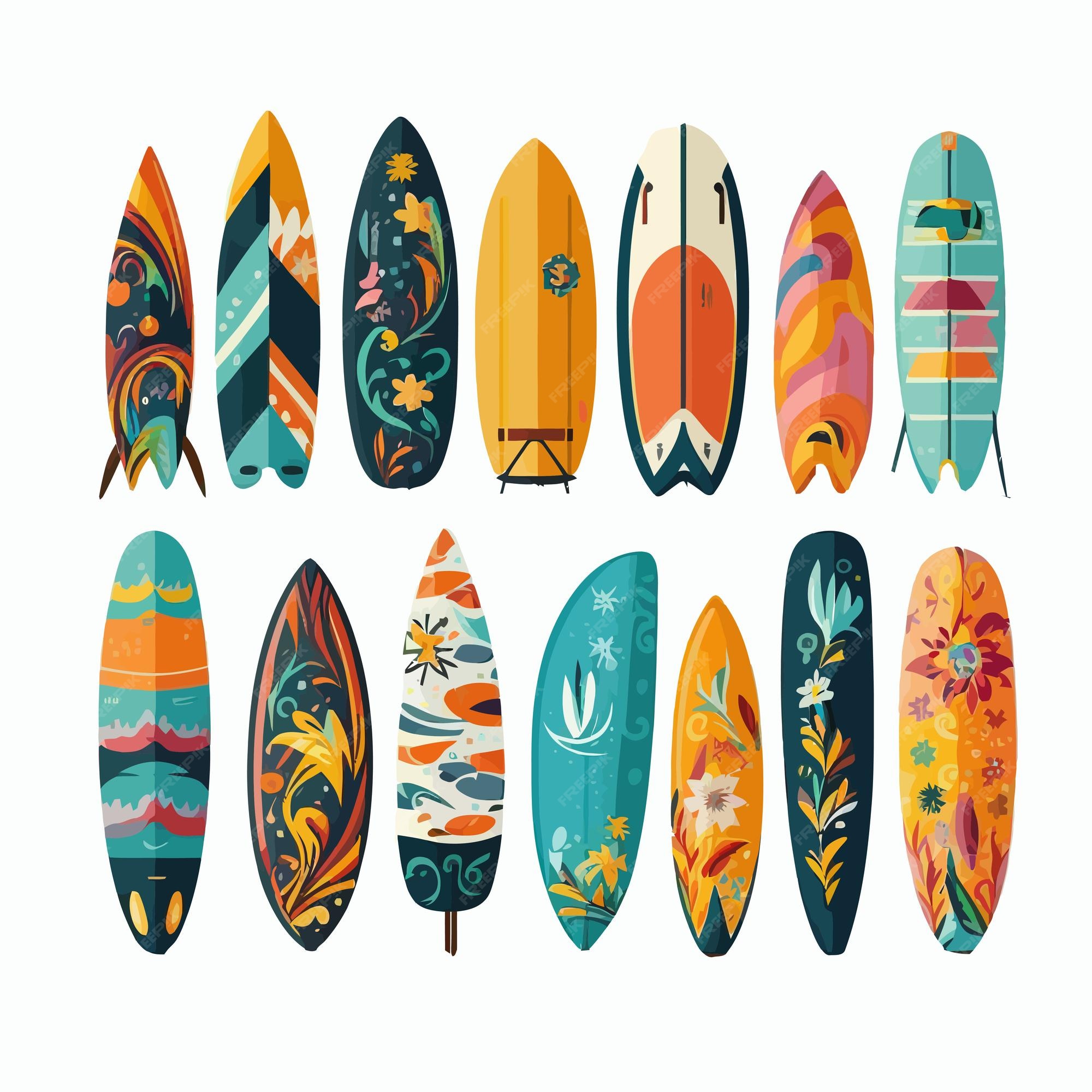 Premium Vector Set of surfboards with different bright and unusual pattern designs isolated on