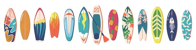 Set of Surfboards with Different Bright and Unusual Pattern Designs Various Surf Desks Surfing Boards Collection Shortboard and Longboard Isolated on White Background Cartoon Vector Illustration