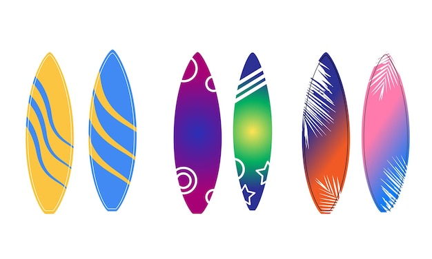 A set of surfboards with different colors and shapes