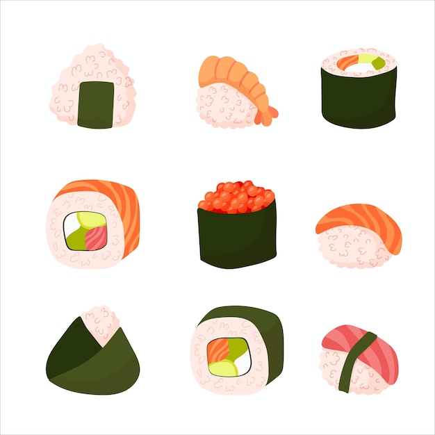 Set for sushi Different types of sushi and rolls Traditional Japanese roll with tobiko caviar original with Philadelphia cheese and soy sauce salmon and king prawns Vector illustration