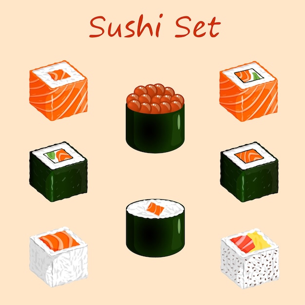 Set sushi en broodjes met zalm kaviaar kaas avocado mango nori Hosomaki. Vector illustratie