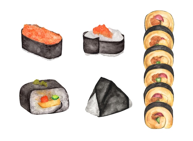 Набор суши. Японская еда. Акварельная иллюстрация.