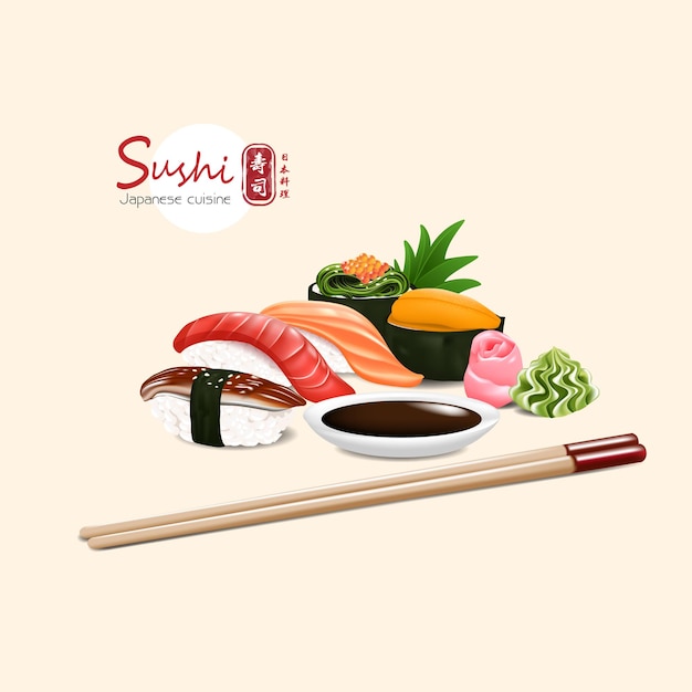 Set di sushi cibo tradizionale giapponese con diversi tipi di illustrazione vettoriale testo giapponese significa sushi cucina giapponese