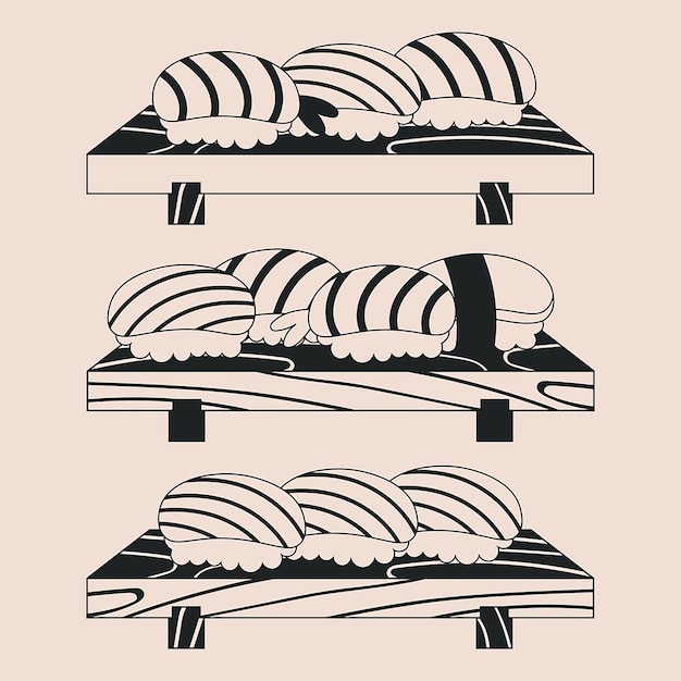 Vector set sushi met zalm, tonijn of maguro, garnalen, haringkuit op een houten dienblad