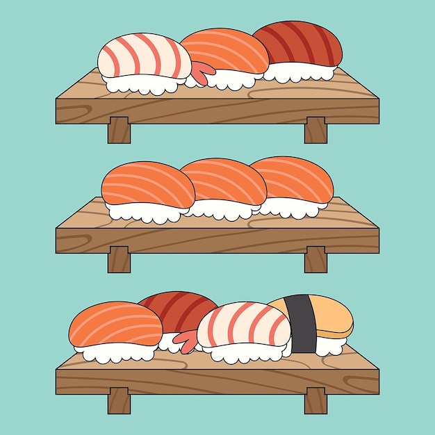 Vector set sushi met zalm, tonijn of maguro, garnalen, haringkuit op een houten dienblad