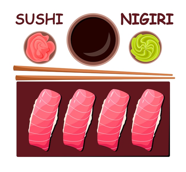 Un set di sushi nigiri con tonno. cucina giapponese.