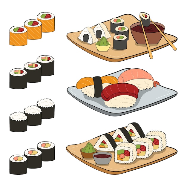 Набор суши и онигири на векторной иллюстрации тарелок на белом фоне