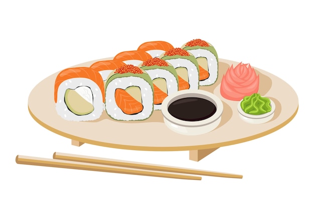 Набор суши на тарелке в плоском дизайне