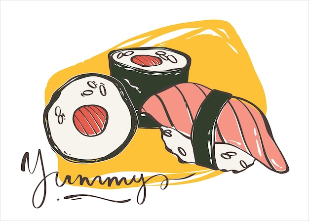 Vector set of sushi and roll with fish on a yellow background asian food japanese rolls with seafood