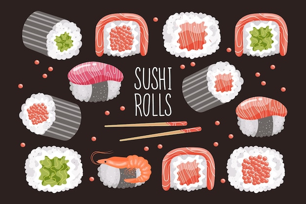 Set of sushi rolls and chopsticks on a dark background Asian food icons restaurant menu vector