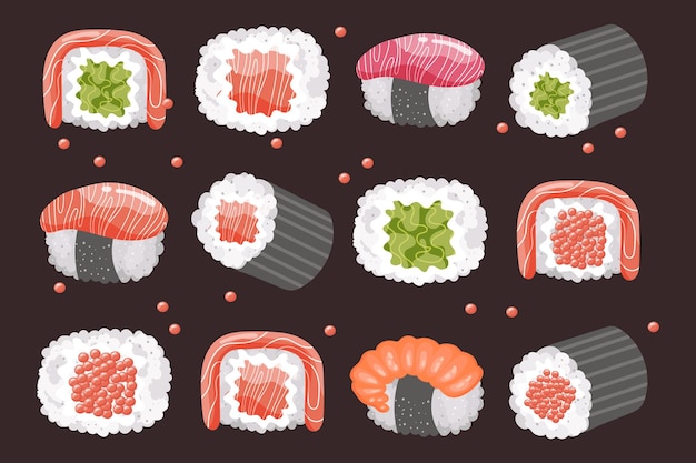 Set of sushi rolls and chopsticks on a dark background Asian food icons restaurant menu vector