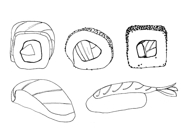 스시 롤 낙서 클립 아트 음식 요소 격리의 집합