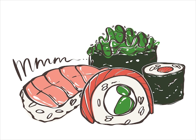 Set di involtini di sushi e gunkan cibo asiatico involtini giapponesi con frutti di mare e riso logo per il marchio