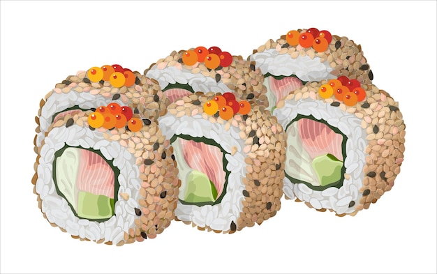 Vector set of sushi rolls with cucumber cream cheese sesame and yellowtail isolated vector illustration