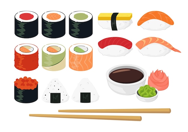 Vector set of sushi rolls on wood plates in flat design