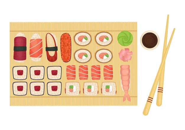 Set of sushi and rolls on a wooden board with soy sauce, wasabi and ginger. japanese food