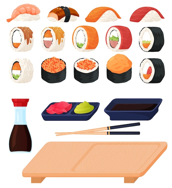 さまざまな種類の寿司と刺身、ソース、わさび、寿司スティックのセット。フラットな漫画スタイルのカラフルなイラスト。