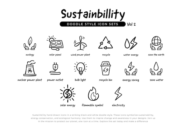Vettore set di sostenibilità energia verde ed ecologia doodle icone linea disegnata a mano volume 2 icone impostate per energia rinnovabile tecnologia verde ed ecologia illustrazione vettoriale