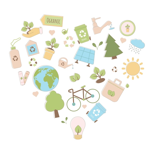 Vector set sustainable icons heart shape associations sustainable development earth day and world environment day sustainable ecology concept