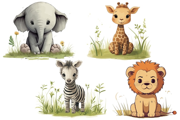 Vettore set sute baby animali divertenti elefante leone zebra ippopotamo e giraffa si siedono sull'erba in stile acquerello illustrazioni vettoriali piatte isolate su sfondo bianco