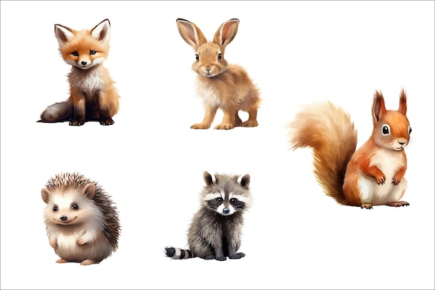 Vector set sute baby funny animals fox hare squirrel raccoon hedgehog in watercolor style flat vector illustrations isolated on white background