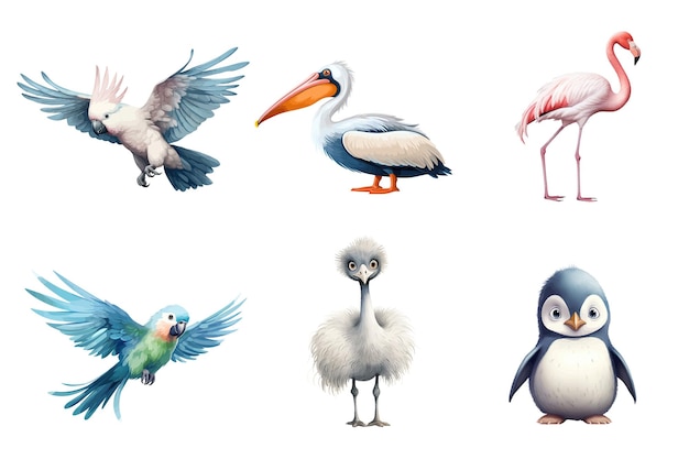 Vector set sute baby funny animals parrot ostrich flamingo penguin pelican in watercolor style flat vector illustrations isolated on white background