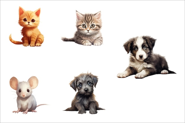 Set sute baby grappige dieren kittens puppies muis in aquarel stijl Platte vectorillustraties geïsoleerd op een witte achtergrond