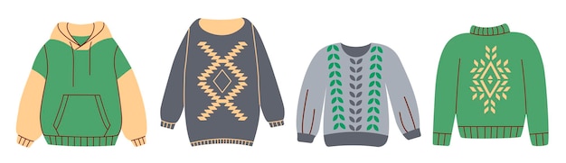 白い背景に分離されたセーターやジャンパーのセット プリントと季節の暖かい秋の衣類のコレクション