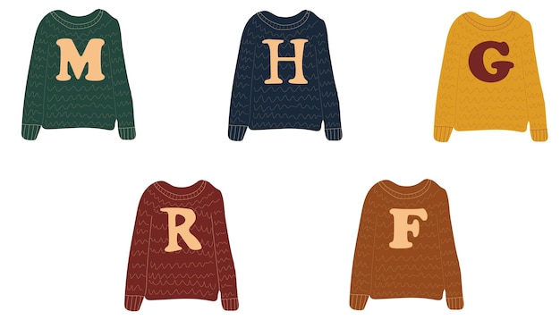Set Sweaters with a letter. Vector in cartoon style. All elements are isolated