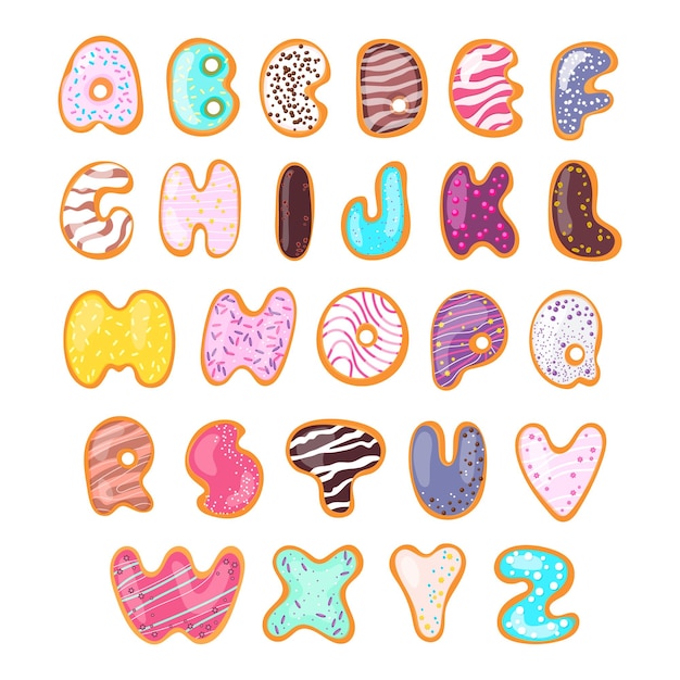 Set Sweet alphabet Donutshaped letters Stub for the font Confectionery with decorative topping Abc