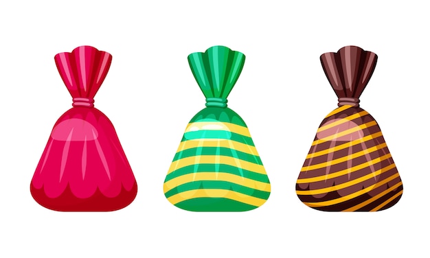Un set di caramelle dolci in un pacchetto di diversi colori, vettore