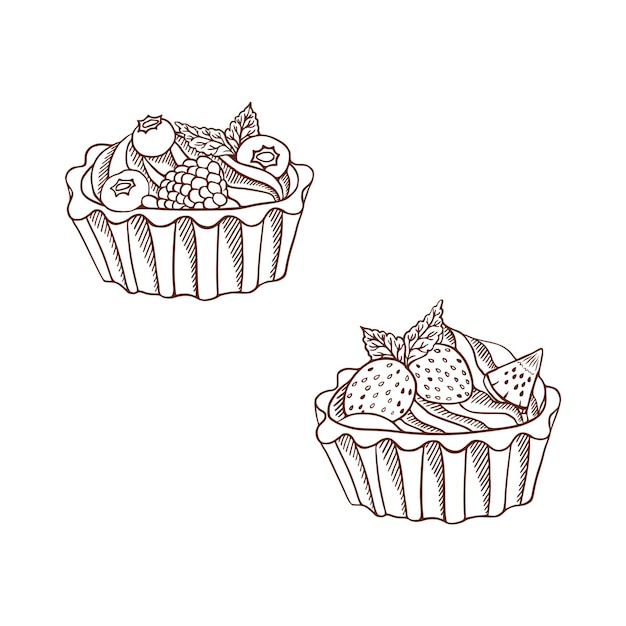 Vector set of sweet cupcakes muffins with cream berries and decoration