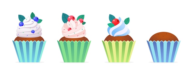 A set of sweet cupcakes muffins with different fillings cream mint and berries isolated on a white