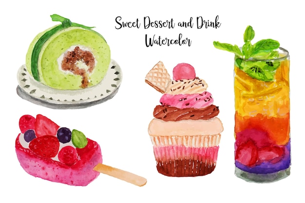 a set of sweet dessert for appetizer food and drink watercolor illustration