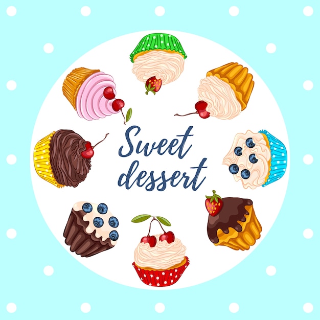 Vector set of   sweet dessert cupcakes, muffins with fresh berry isolated