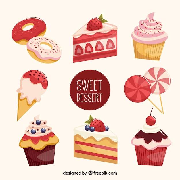 Set of sweet desserts in flat style