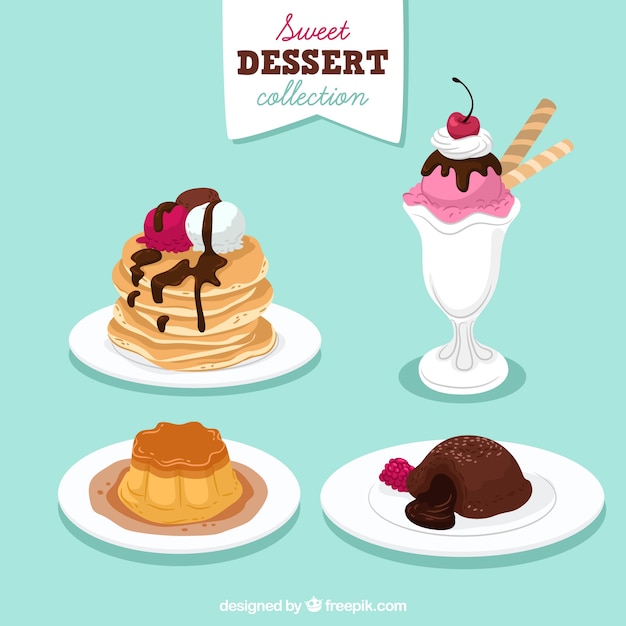 Set of sweet desserts in hand drawn style