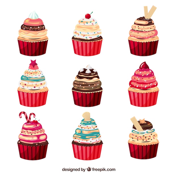 Vector set of sweet desserts with glaze and berries