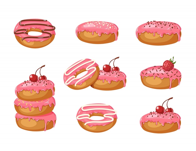 Vector set of  sweet pink glazed donuts with powder, cherries, strawberries and chocolate cream isolated on white. food design. illustration for holidays, birthdays, banners, patterns.