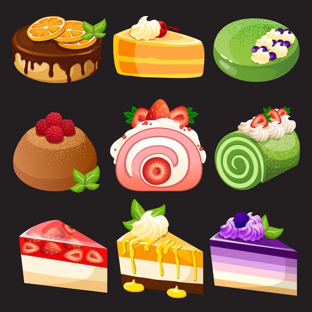 Vector set of sweet rollcake jelly cake and birthday cake