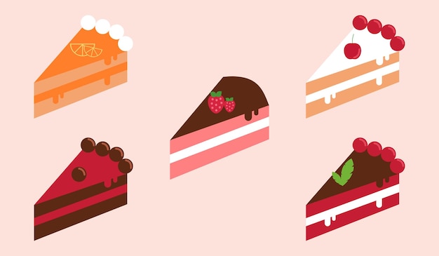 Vettore set di dolci deliziose torte. isolato su sfondo rosa. stile piatto, illustrazione vettoriale.