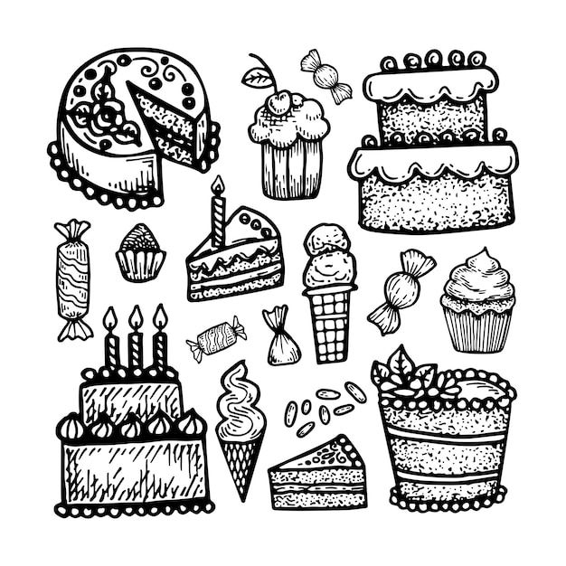 Set sweets birthday cake cupcake candy ice cream lollipops
holiday party hand drawn line doodle