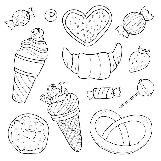 Vector set of sweets, black and white