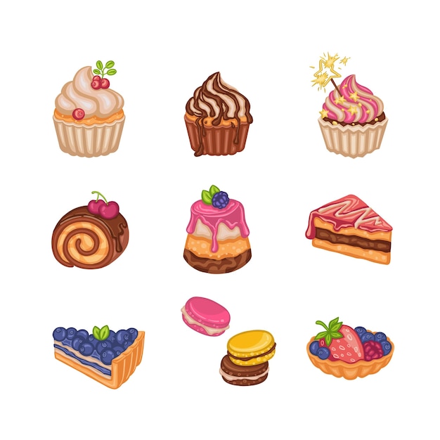 Insieme dell'illustrazione disegnata a mano del dessert della torta dei dolci