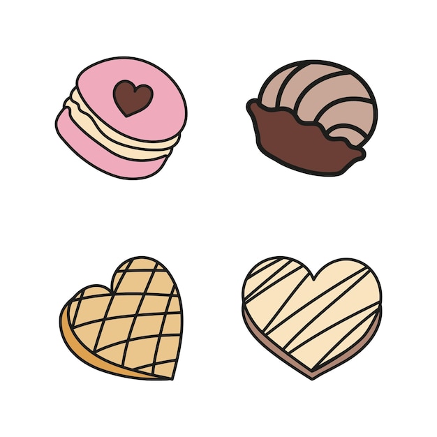 Set sweets candies with heart Vector illustration doodle style Macaroon cake chocolate candy