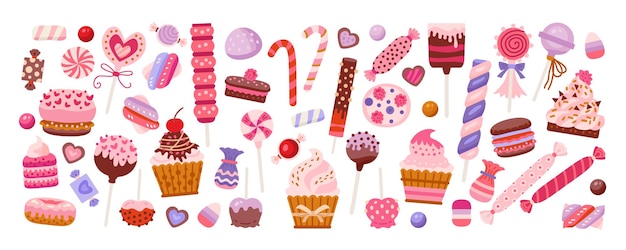 Vector set of sweets from candies and cakes